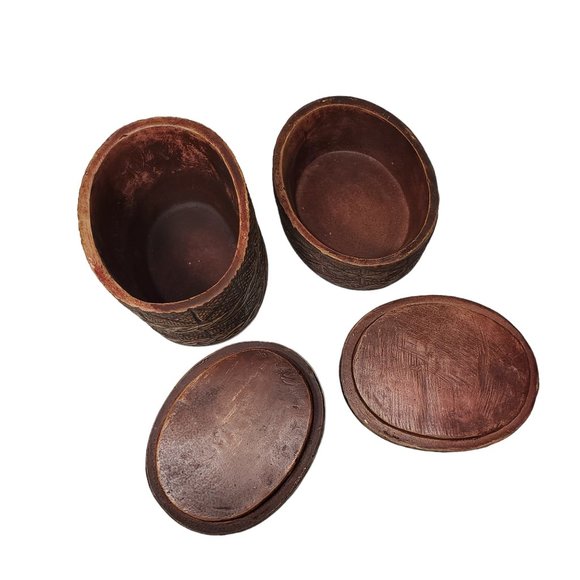 2/Set Faux Carved Wood Canisters Oval-Cylinder Vanity Dresser Storage Boho - Picture 5 of 6